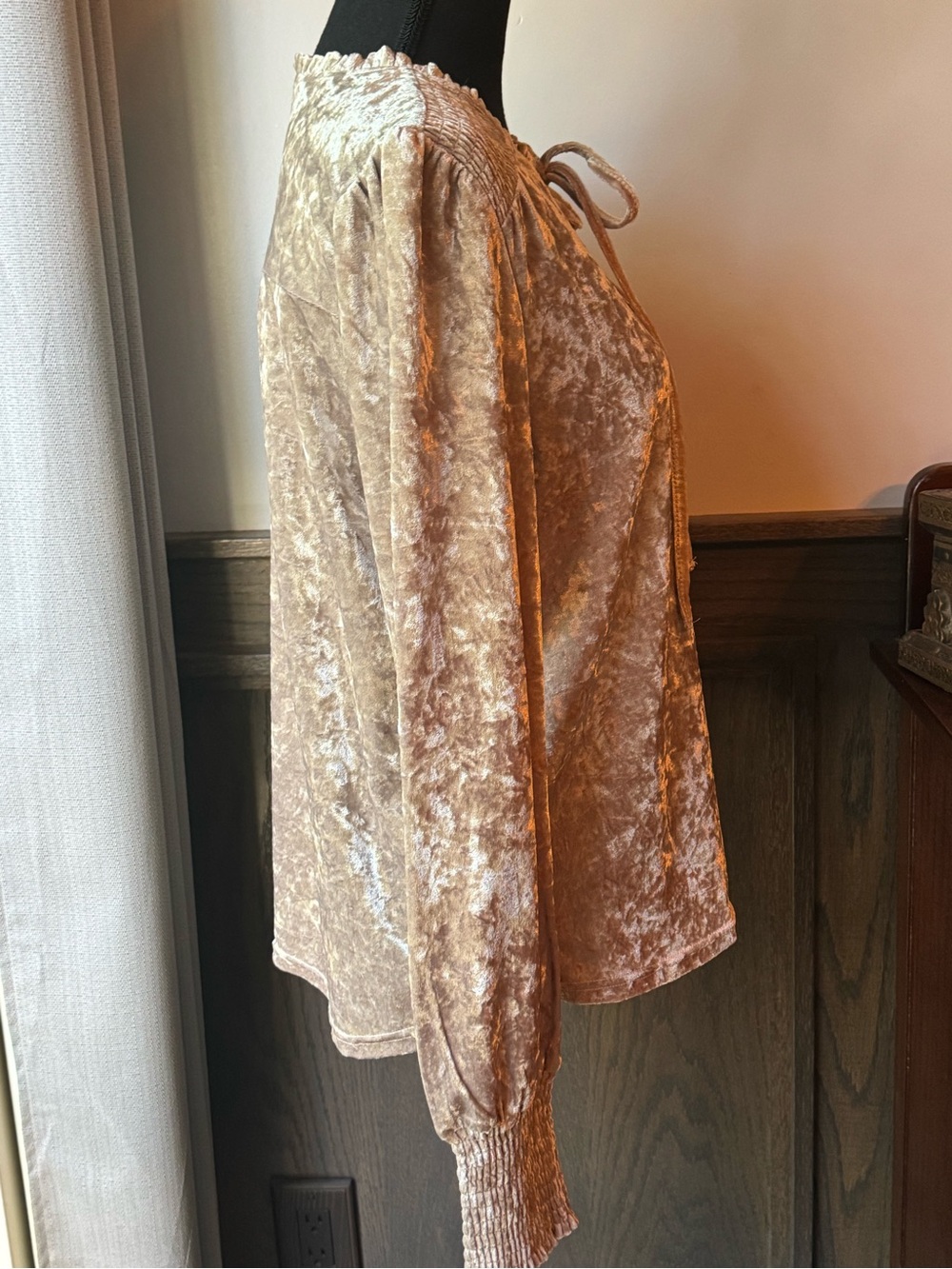Mystree Taupe Crushed Velvet Tie-Neck Long Sleeve Top - Picture 5 of 7